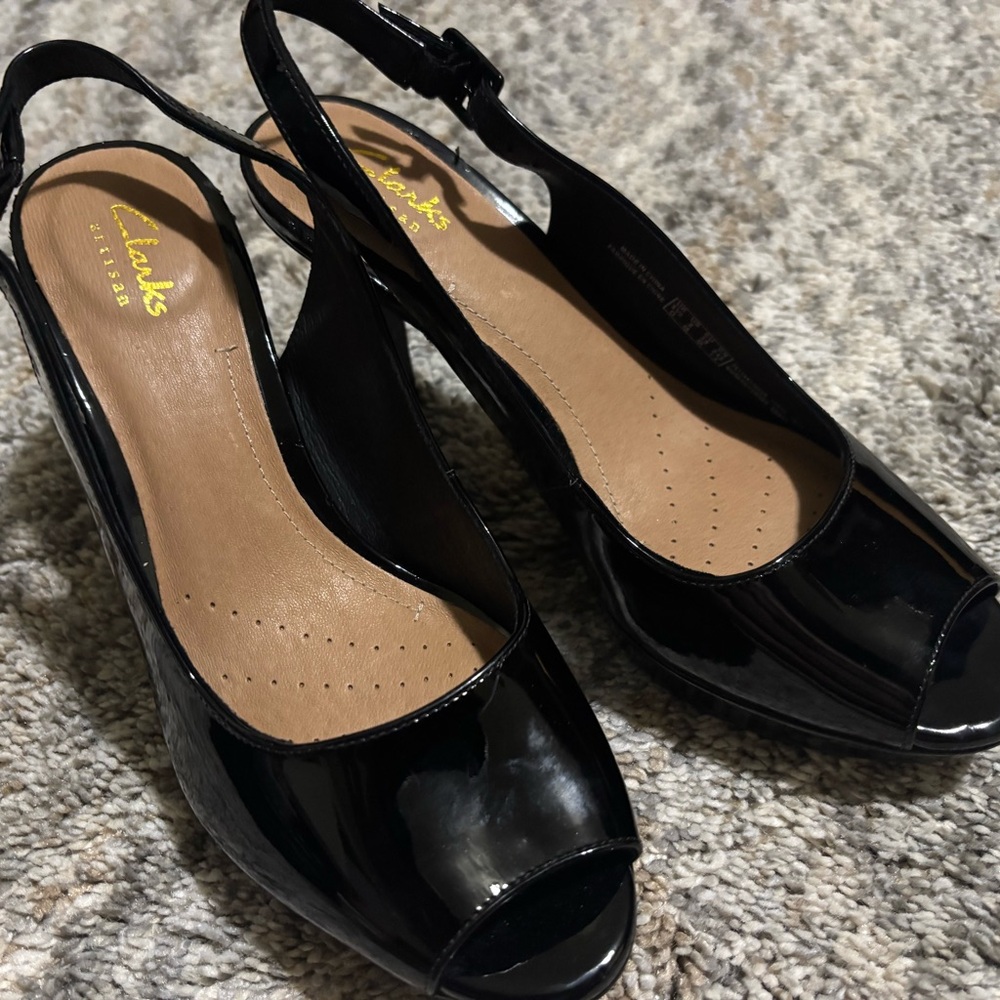 Clarks Black Patent Peep Toe Slingback Heels